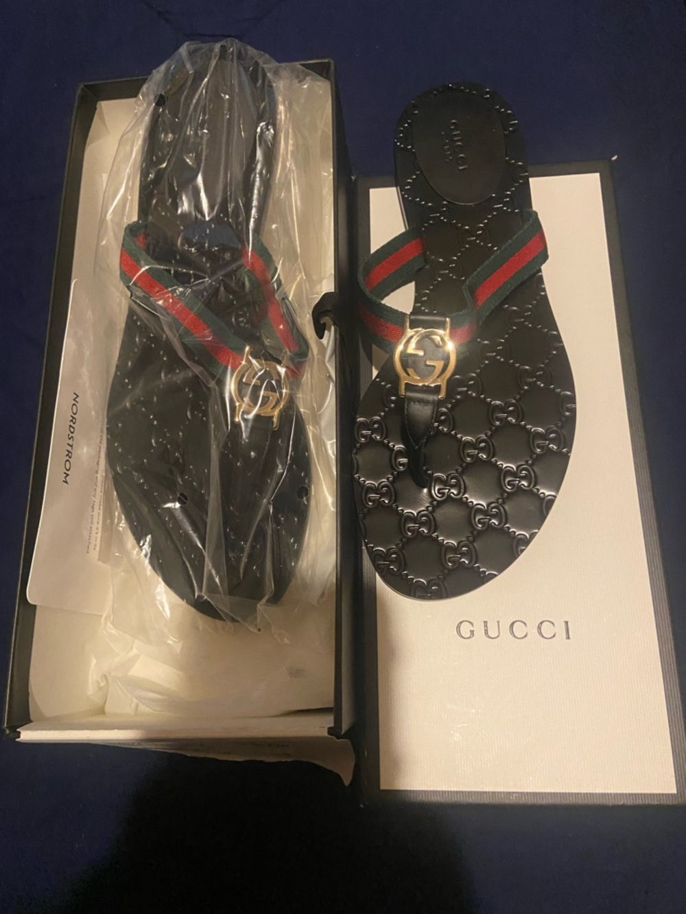 Gucci Black Leather Thong Sandals with Green-Red Web Stripe and Gold GG